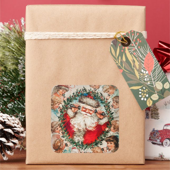 Viktorianischer Weihnachtsmann am Telefon mit Kind Quadratischer Aufkleber (Feiertag)