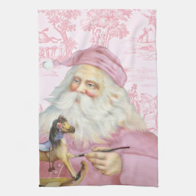 Viktorianischer Weihnachtsmann in Pink Toile de Geschirrtuch (Vertikal)