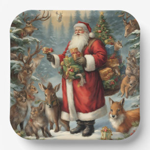 Viktorianischer Weihnachtsmann mit Geschenk und Wa Pappteller