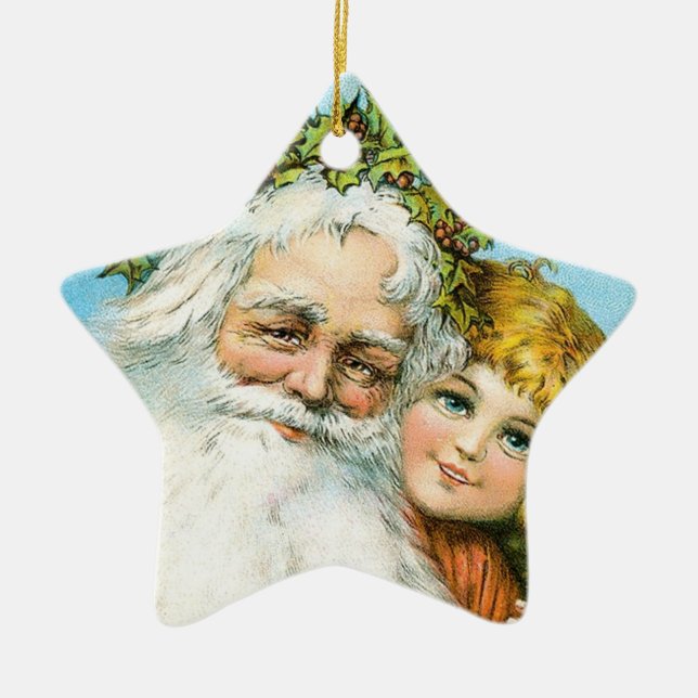 Viktorianischer Weihnachtsmann mit Mädchen Keramikornament (Vorne)