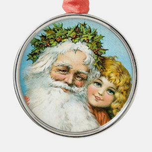 Viktorianischer Weihnachtsmann mit Mädchen Silbernes Ornament