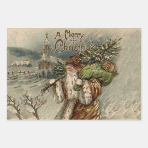 Viktorianischer Weihnachtsmann mit Weihnachtsbaum Geschenkpapier Set