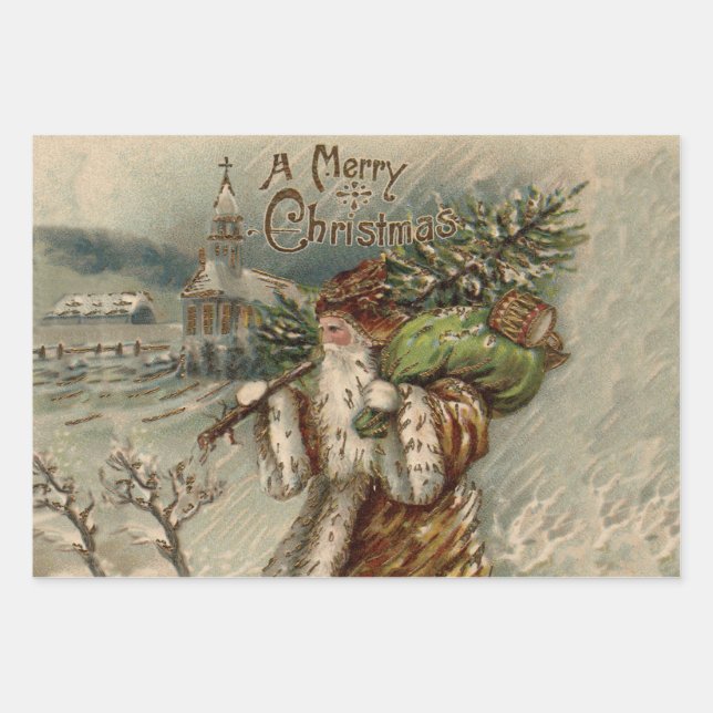 Viktorianischer Weihnachtsmann mit Weihnachtsbaum Geschenkpapier Set (Vorderseite)