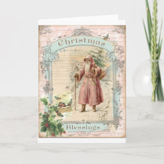 Viktorianischer Weihnachtsmann Rosa Baum Vögel Wei Feiertagskarte