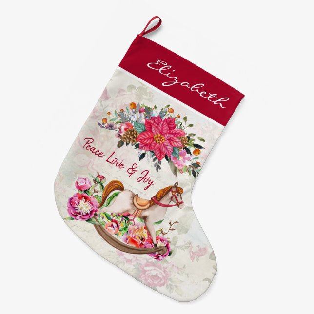 Viktorianisches antikes Rockpferd & Poinsettia Großer Weihnachtsstrumpf (Vorderansicht (hängend))