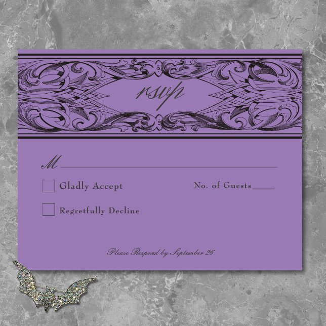Viktorianisches Bad bis zum Tod Schwarz & Lila Hoc RSVP Karte (Victorian Bat Until Death Black & Purple Wedding RSVP Card)