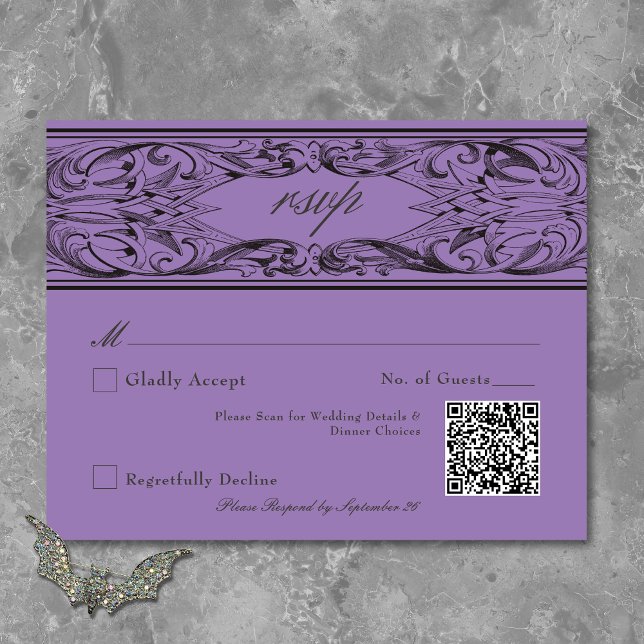 Viktorianisches Bad bis zum Tod Schwarz & Lila Hoc RSVP Karte (Victorian Bat Until Death Black & Purple Wedding RSVP Card)