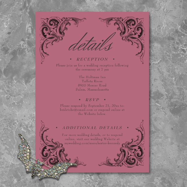 Viktorianisches Bad bis zum Tod Schwarz & Wein Hoc Begleitkarte (Victorian Bat Until Death Black & Wine Wedding Enclosure Card)