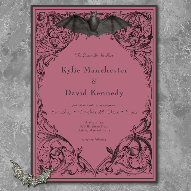 Viktorianisches Bad bis zum Tod Schwarz & Wein Hoc Einladung (Victorian Bat Until Death Black & Wine Wedding Invitation)