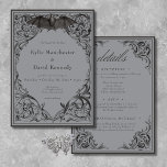Viktorianisches Bat bis zum Tod Schwarz & Grau zwe Einladung<br><div class="desc">DIESE EINLADUNG IST ZWEI SEITEN, MIT WEDDING REZEPTION UND UAWG INFORMATIONEN AUF DER RÜCKSEITE. EINE TRADITIONELLE EINSEITENEINLADUNG STEHT AUCH IN DER SAMMLUNG ZUR VERFÜGUNG. Erleben Sie Ihre gotische Hochzeit mit einer Viktorianisch inspirierten zweiseitigen Hochzeitseinladung, die zeitlose Eleganz und Geheimnis ausstrahlt. Dieses atemberaubende Design, das an eine antike Buchbindung erinnert, besticht...</div>
