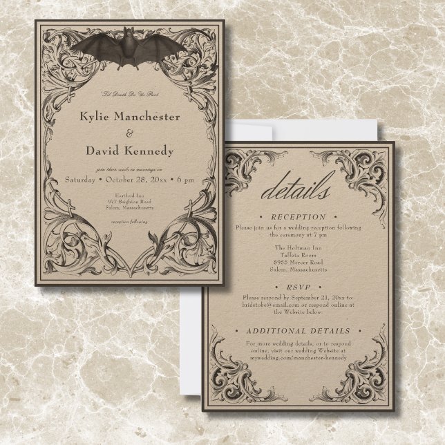 Viktorianisches Bat bis zum Tod Schwarz & Tan zwei Einladung (Victorian Bat Until Death Black & Tan Two Sided Invitation)