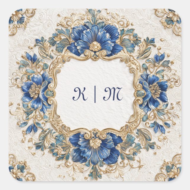 Viktorianisches Blau- und Goldbarock Blumendesign Quadratischer Aufkleber (Vorderseite)
