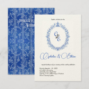Viktorianisches blaues Monogramm Blumenwappen Einladung