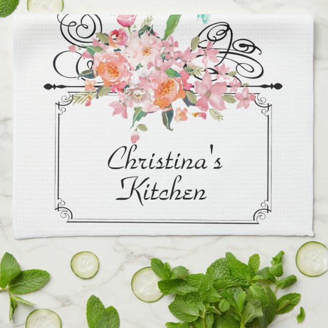 Viktorianisches Blumenschild, schwarz Geschirrtuch (Gefaltet)