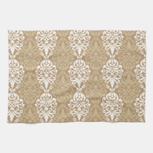 Viktorianisches Creme-Gold-Vintage-Damask-Lace-Mus Handtuch