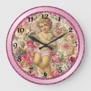 Viktorianisches Cupid und Rose Blumenkohl Große Wanduhr