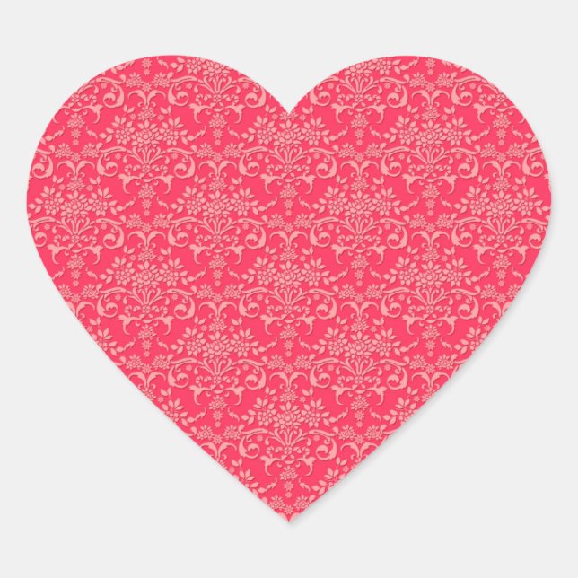 Viktorianisches Damask-Stilmuster für Rot und PInk Herz-Aufkleber (Vorderseite)