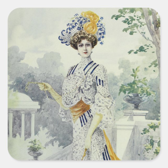 Viktorianisches Dame-Vintages französisches Modewe Quadratischer Aufkleber (Vorderseite)