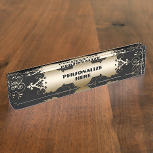 Viktorianisches, elegantes Schwarz und Gold Namensplakette