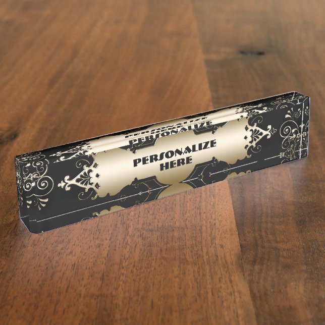 Viktorianisches, elegantes Schwarz und Gold Namensplakette (Seite)