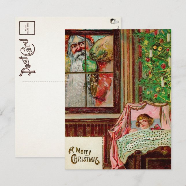 Viktorianisches Fenster Snooping Santa Postcard Postkarte (Vorne/Hinten)