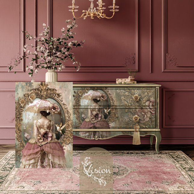 Viktorianisches Frauenportrait Zurück Vintag Baroc Seidenpapier (Victorian Woman, Bouffant Dress & Parasol, Vintage, Baroque Decoupage Tissue Paper)