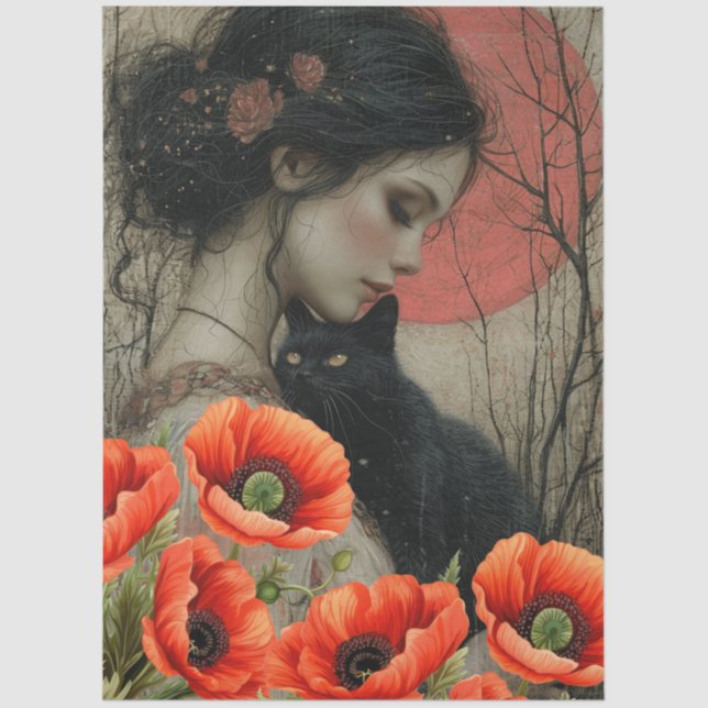 Viktorianisches Girl Black Cat Rote Pfeffer Abstra Seidenpapier (Vorderseite)