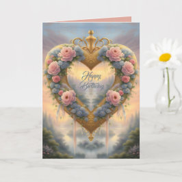 Viktorianisches, goldenes Herz mit Blume und Spric Karte