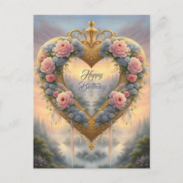 Viktorianisches, goldenes Herz mit Blume und Spric Postkarte