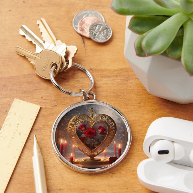 Viktorianisches goldenes Herz mit rote Rosen, Vint Schlüsselanhänger (Schreibtisch)