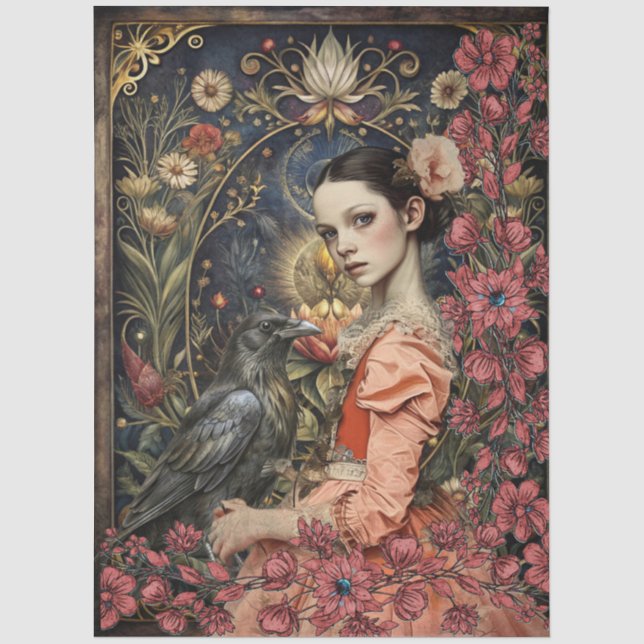 Viktorianisches Gothic-Mädchen und schwarzer Rabe  Seidenpapier (Vorderseite)
