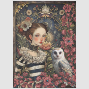 Viktorianisches Gothic-Mädchen Weiße Eule Florales Seidenpapier