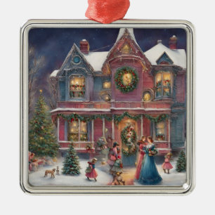 Viktorianisches Haus, Ladys, Kinder am Heiligabend Ornament Aus Metall