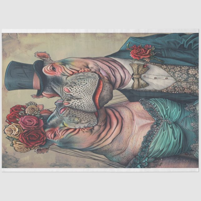 Viktorianisches Hippo-Paar in Aquamariner Kleidung Seidenpapier (Vorderseite)