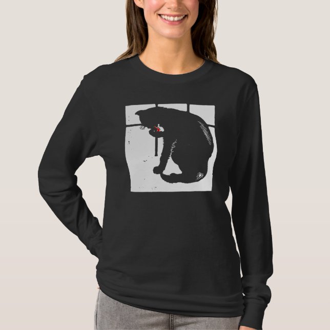 Viktorianisches Holzschnitt Schwarze Katze auf T-S T-Shirt (Vorderseite)