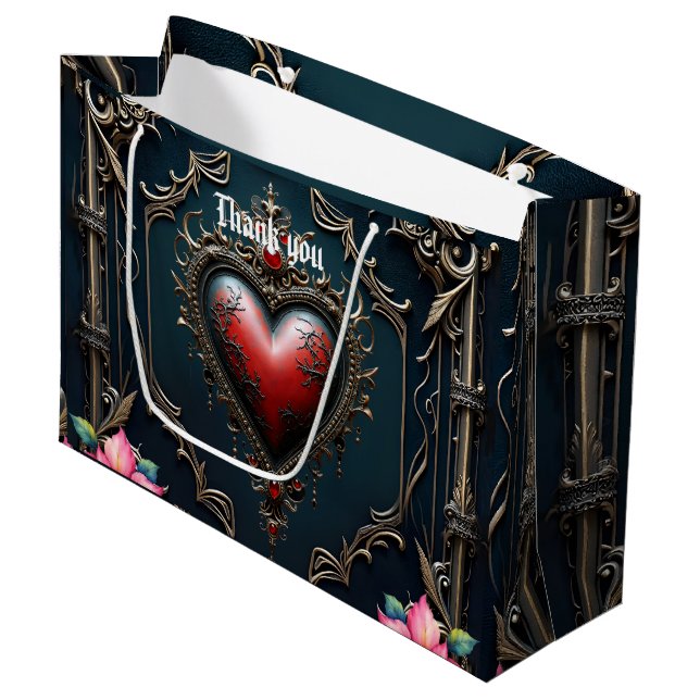 Viktorianisches Karmesin  Gothic Heart  Große Geschenktüte (Vorderseite Schrägansicht)
