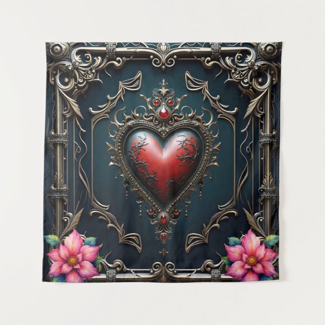 Viktorianisches Karmesin  Gothic Heart  Wandteppich (Vorderseite)