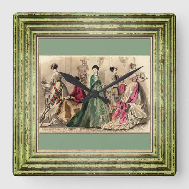 Viktorianisches Kleid mit rosa Bogen Quadratische Wanduhr (Vorderseite)
