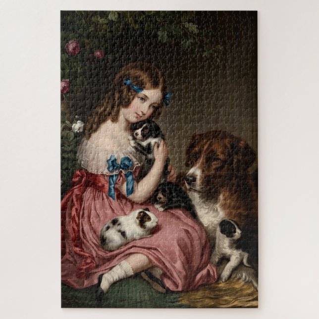 Viktorianisches kleines Mädchen mit Welpen und Mee Puzzle (Vertikal)