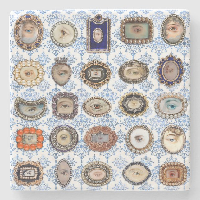 Viktorianisches Lover's Eye in blau-weißem Damast Steinuntersetzer (Vorderseite)