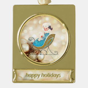 Viktorianisches Mädchen auf altmodischem Schlitte Banner-Ornament Gold