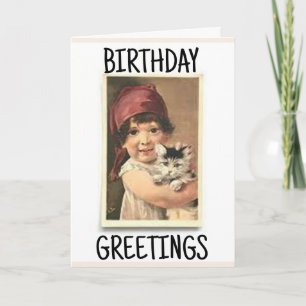 VIKTORIANISCHES MÄDCHEN MIT CAT VINTAGER Grußkarte Karte