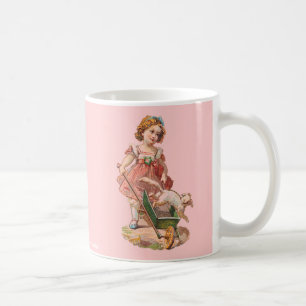 VIKTORIANISCHES MÄDCHEN MIT HUNDETRINKEN TASSE