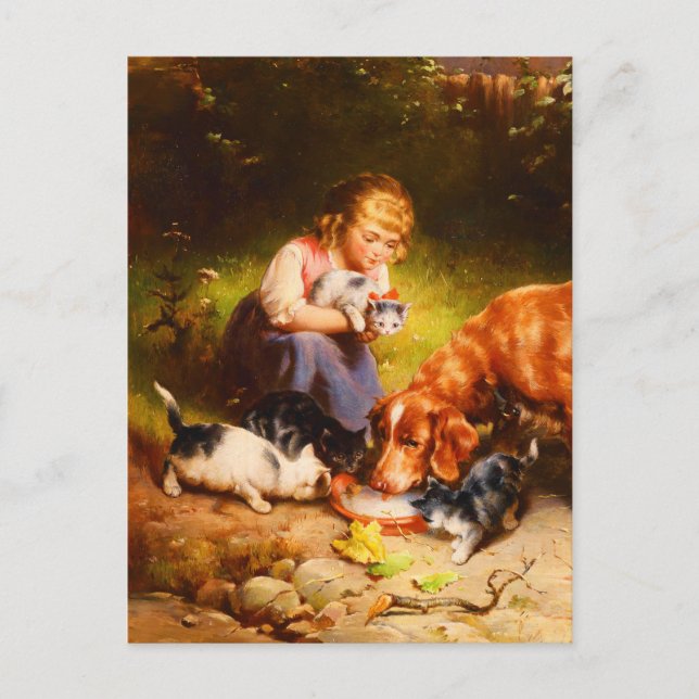 Viktorianisches Mädchen mit Kätzchen und Hund, Fin Postkarte (Vorderseite)