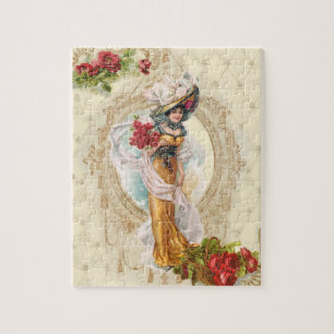 Viktorianisches Mädchen mit Rote Rosen Puzzle