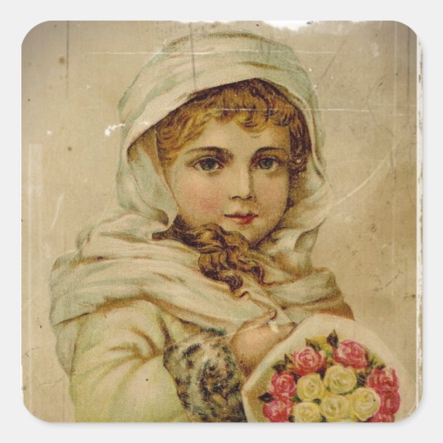 Viktorianisches Mädchen mit Weihnachts-Rose Quadratischer Aufkleber (Vorderseite)