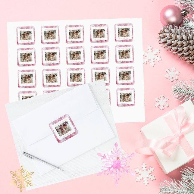 Viktorianisches Pink Snowflake Weihnachts-Foto Quadratischer Aufkleber (Pinks Snowflake Christmas Square Stickers)
