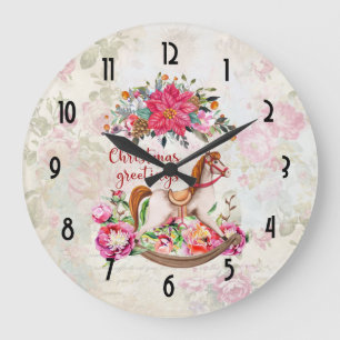 Viktorianisches Rocking Horst & Poinsettia Weihnac Große Wanduhr