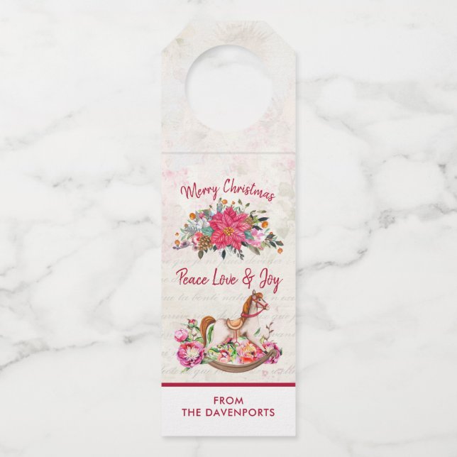 Viktorianisches Rockpferd & Poinsettia Weihnachten Flaschenanhänger (Vorderseite)