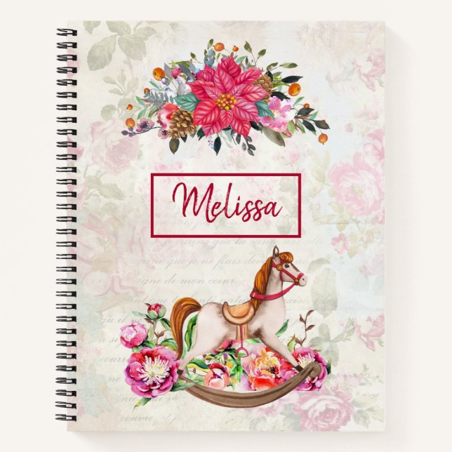 Viktorianisches Rockpferd & Poinsettia Weihnachten Notizbuch (Vorderseite)